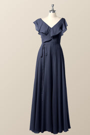 Ruffles V Neck Navy Blue Chiffon Long Bridesmaid Dress