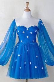 Daisy Embroiderd Blue Puffy Sleeves Mini Dress