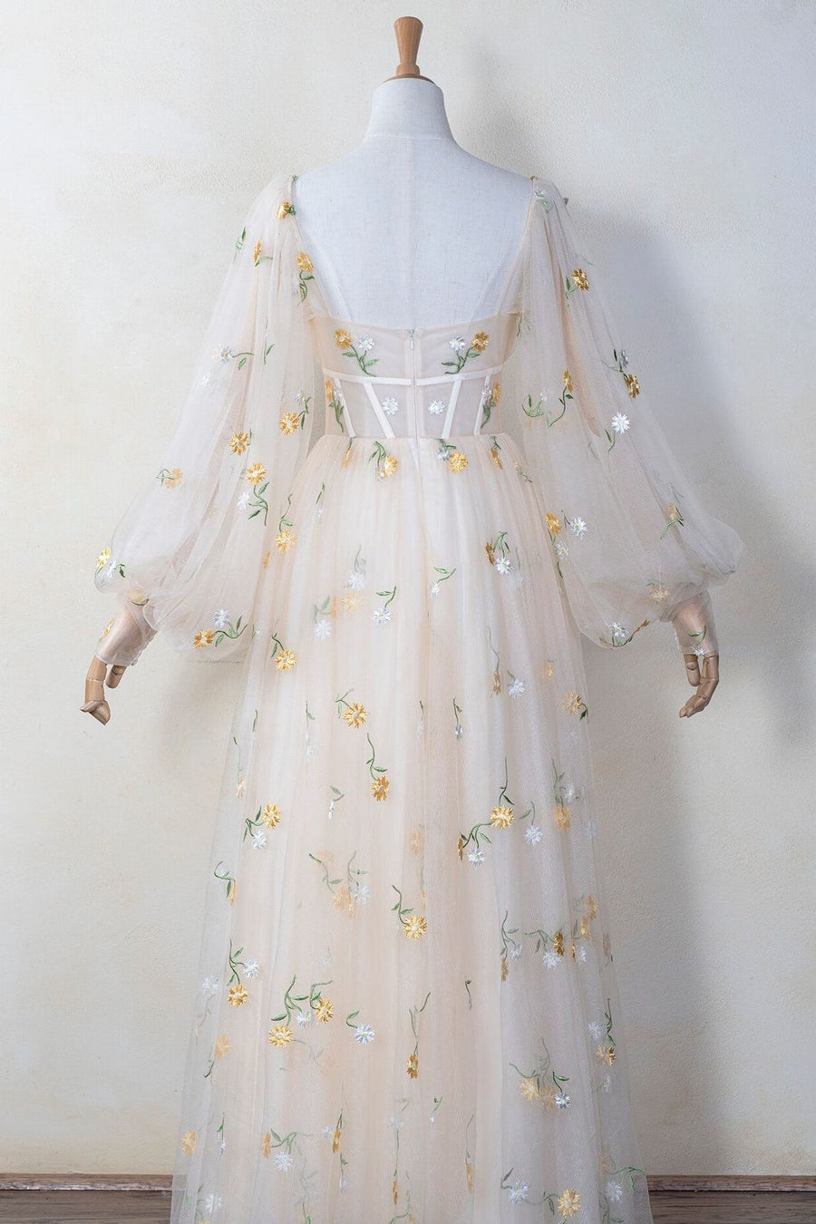 Puffy Long Sleeves Yellow Floral Embroidered Dress