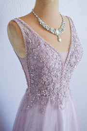 Pale Purple Soft Tulle Appliques Formal Gown